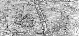 Een reconstructie van een zeeslag uitgevoerd op de rivier de Seine voor Hendrik IV in 1596, illustratie uit 